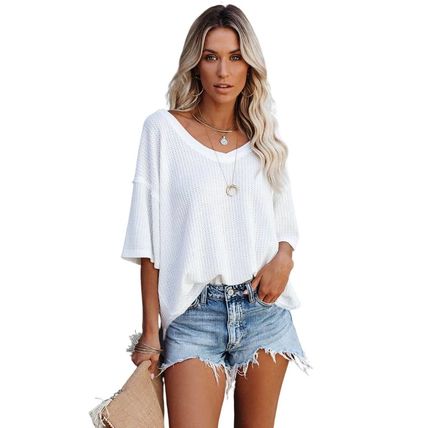 White Waffle Knit Drop Shoulder Loose Top