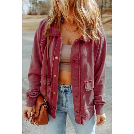 Red Vintage Washed Flap Pocket Button Shacket
