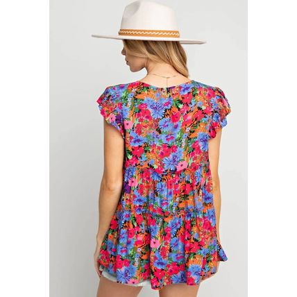 Multicolor Floral Print Ruffle Tiered Short Sleeve Babydoll Top