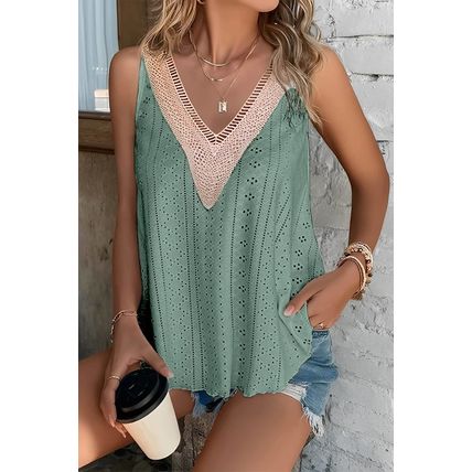 Mist Green Lace Crochet Splicing V Neck Loose Fit Tank Top