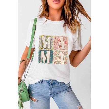 White MAMA Floral Block Graphic Casual T Shirt