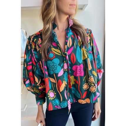 Green Floral Knot Split Neck Puff Sleeve Blouse
