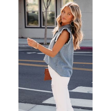 Beau Blue Frayed Ruffle Sleeve Denim Shirt