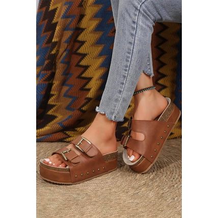 Chestnut Dual Buckle Studded Platform Sandal Slippers