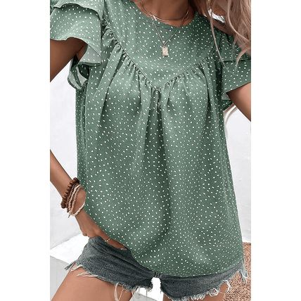Laurel Green Dotted Ruffle Sleeve Crew Neck Ruched Blouse