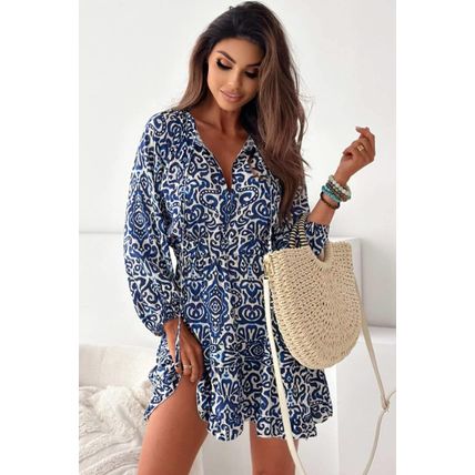 Blue Vintage Print Lace up V Neck Long Sleeve Mini Dress