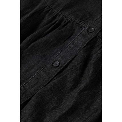 Black Chambray Ruffled 3/4 Sleeve Tiered Split V Neck Mini Dress