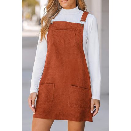Cinnamon Solid Front Pockets Sleeveless Corduroy Overall Dress