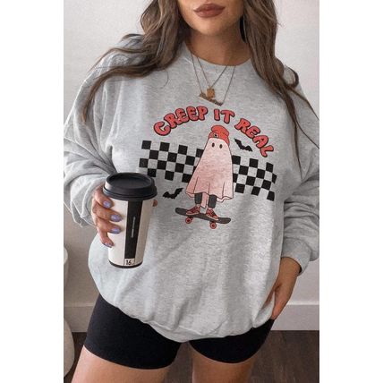Light Grey Creep It Real Ghost Print Plus Size Sweatshirt