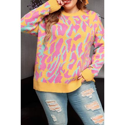 Bright Pink Plus Size Leopard Ribbed Trim Sweater