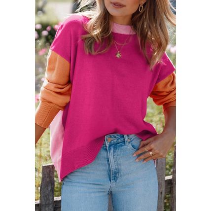 Bonbon Three Tone Contrast Round Neck Loose Sweater