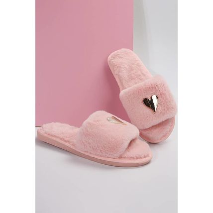 Pink Heart Shape Buckle Decor Open Toe Plush Slippers