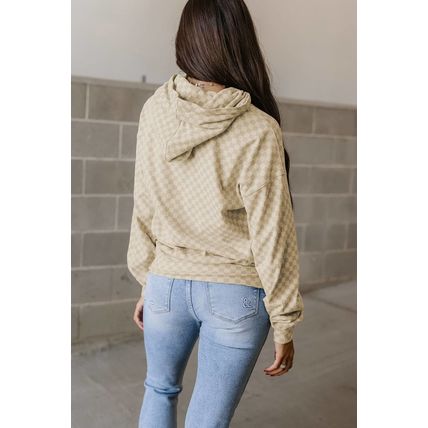 Khaki Checkered Print Kangaroo Pocket Drawstring Hoodie