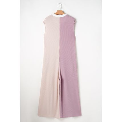 Parchment Color Block Corded Knit Buttoned Super Wide Leg Jumpsuit