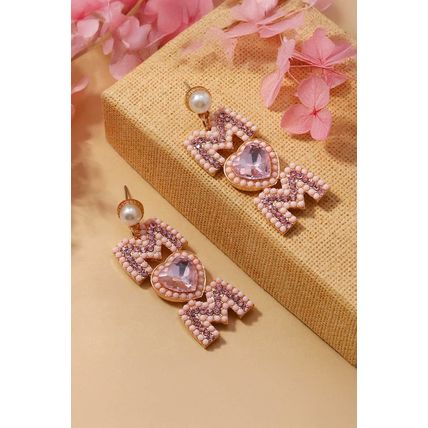 Light Pink Rhinestone Beaded Heart MOM Earrings