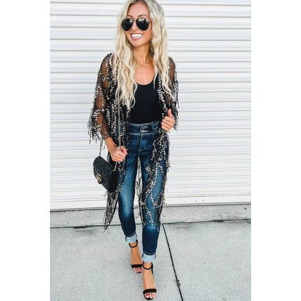 Black Sequin Sheer Long Sleeve Open Front Kimono