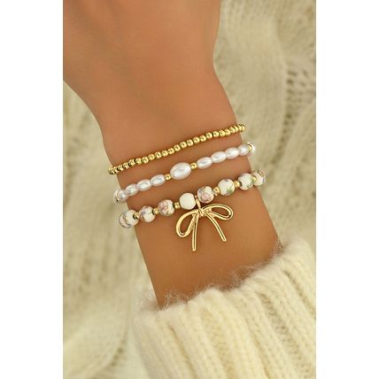 Gold Bow Knot Charm Beaded Triple Layer Bracelet Set