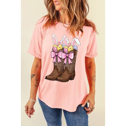 Pink Easter Eggs Bunny Ear Bow Boots Printed Tee