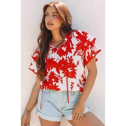 Red Plant Print Tiered Ruffled Sleeve V Neck Blouse