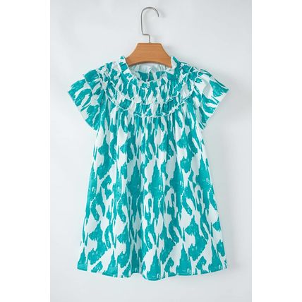 Sky Blue Abstract Print Frilled Crewneck Loose Fit Blouse