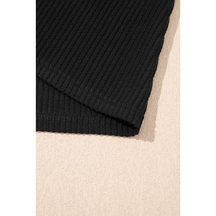 Black Solid Color Corded Short Sleeve Top and Casual Pants Set