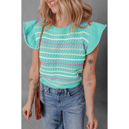 Green Colorful Striped Eyelet Knit Ruffled Sleeve Sweater T Shirt