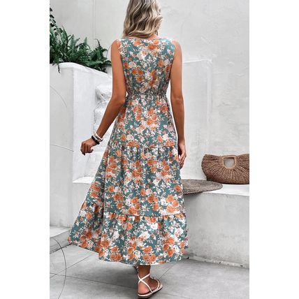 Green Floral Print Trimmed V Neck Tie Waist Sleeveless Holiday Long Dress