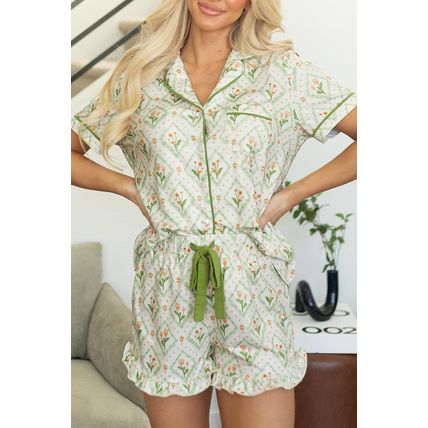 Green Floral Print Turn-down Collar Short Pajamas Set
