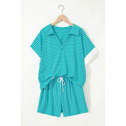 Sky Blue Stripe V Neck Tee and Casual Short Set