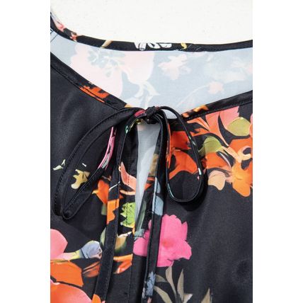Black Plus Size Floral Print Tie Neck Cinched Waist Long Sleeve Mini Dress