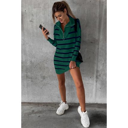 Green Striped/Solid O-ring Zip Collared Loose Sweater Mini Dress