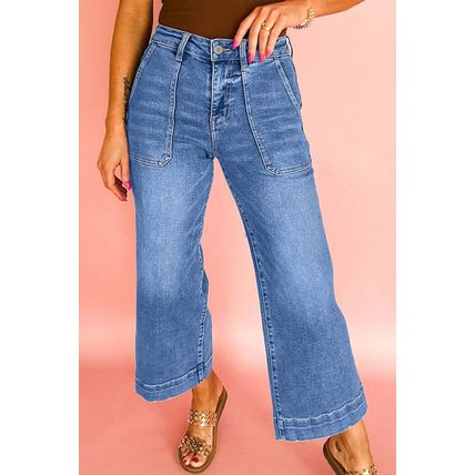 Sky Blue Cropped High Rise Wide Leg Jeans