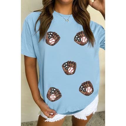 Light Blue Gopher Ball Sequin Patched Casual T Shirt