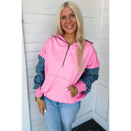 Bonbon Checkered Patchwork Kangaroo Pocket Half Zipper Hoodie