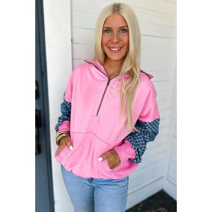 Bonbon Checkered Patchwork Kangaroo Pocket Half Zipper Hoodie