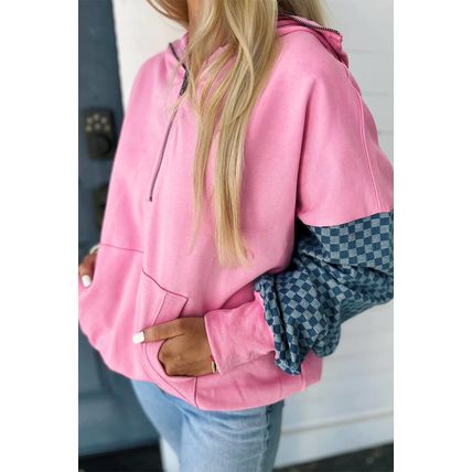 Bonbon Checkered Patchwork Kangaroo Pocket Half Zipper Hoodie
