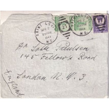 United States 1944 Saint Louis MO-London UK Cover St Louis cancel written VGC