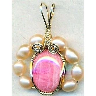 Rhodochrosite Pearl Gold Wire Wrap Gemstone Pendant 9
