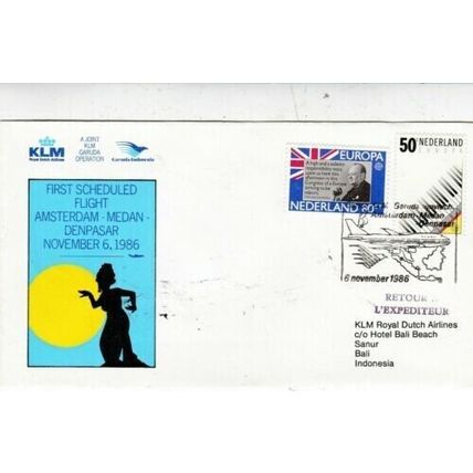 Netherlands 1986 KLM First Flight Amsterdam-Medan-Denpasar Cover VGC