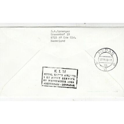Netherlands 1986 KLM First Flight Amsterdam-Medan-Denpasar Cover VGC