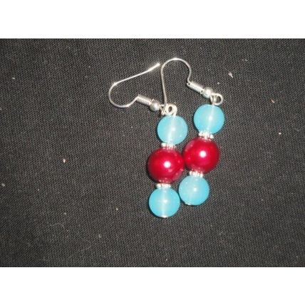Frosted round sky blue over round solid pearl red glass dangle earrings