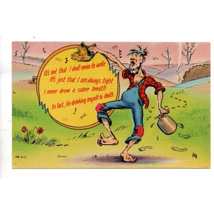 VINTAGE LINEN AMERICAN HUMOUR POSTCARD HILL-BILLY/MOONSHINE THEME (3855)