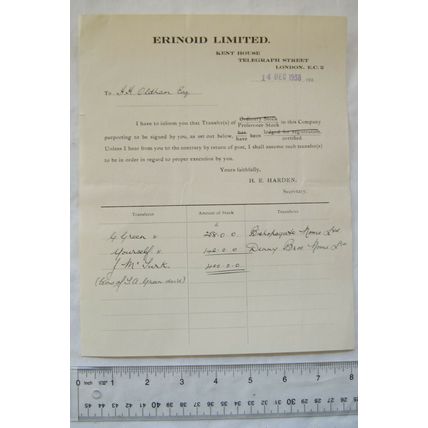 1938 letter Erinoid, London re shares