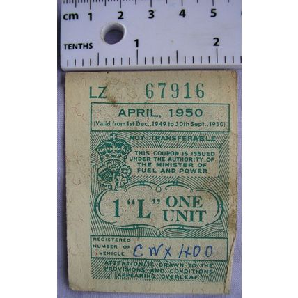 1950 Motor Fuel Ration Coupon 1L CWX 400