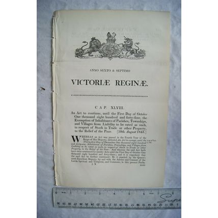 1843 Act of Parliament: exemption Stock in Trade to Relief of the Poor