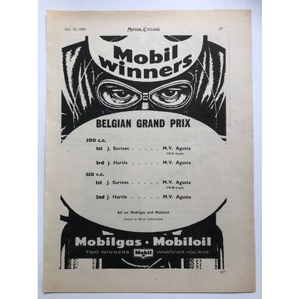MOBILOIL BELGIAN GP J SURTEES 1958 VINTAGE MOTORCYCLE OIL ADVERT