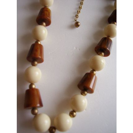Vintage Art Deco Bakelite & Celluloid Necklace Geometric Cone Brown Cream Beads