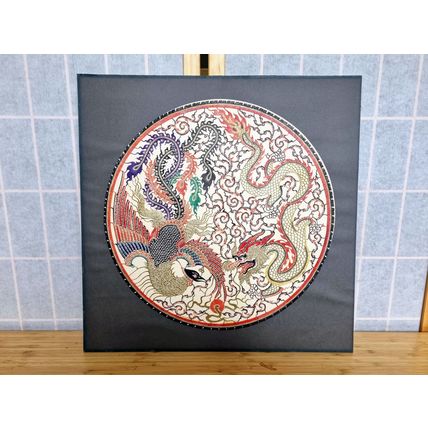 Chinese Silk Embroidered Roundel Picture, Handmade, 5 Claw Dragon, Phoenix