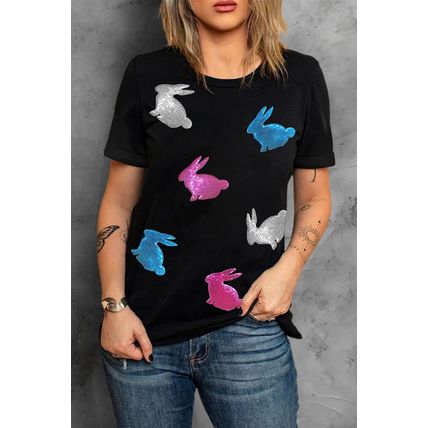 Black Glitter Easter Bunny Round Neck T-shirt