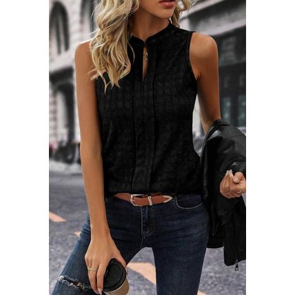 Black Lattice Textured Split Neck Tank Top